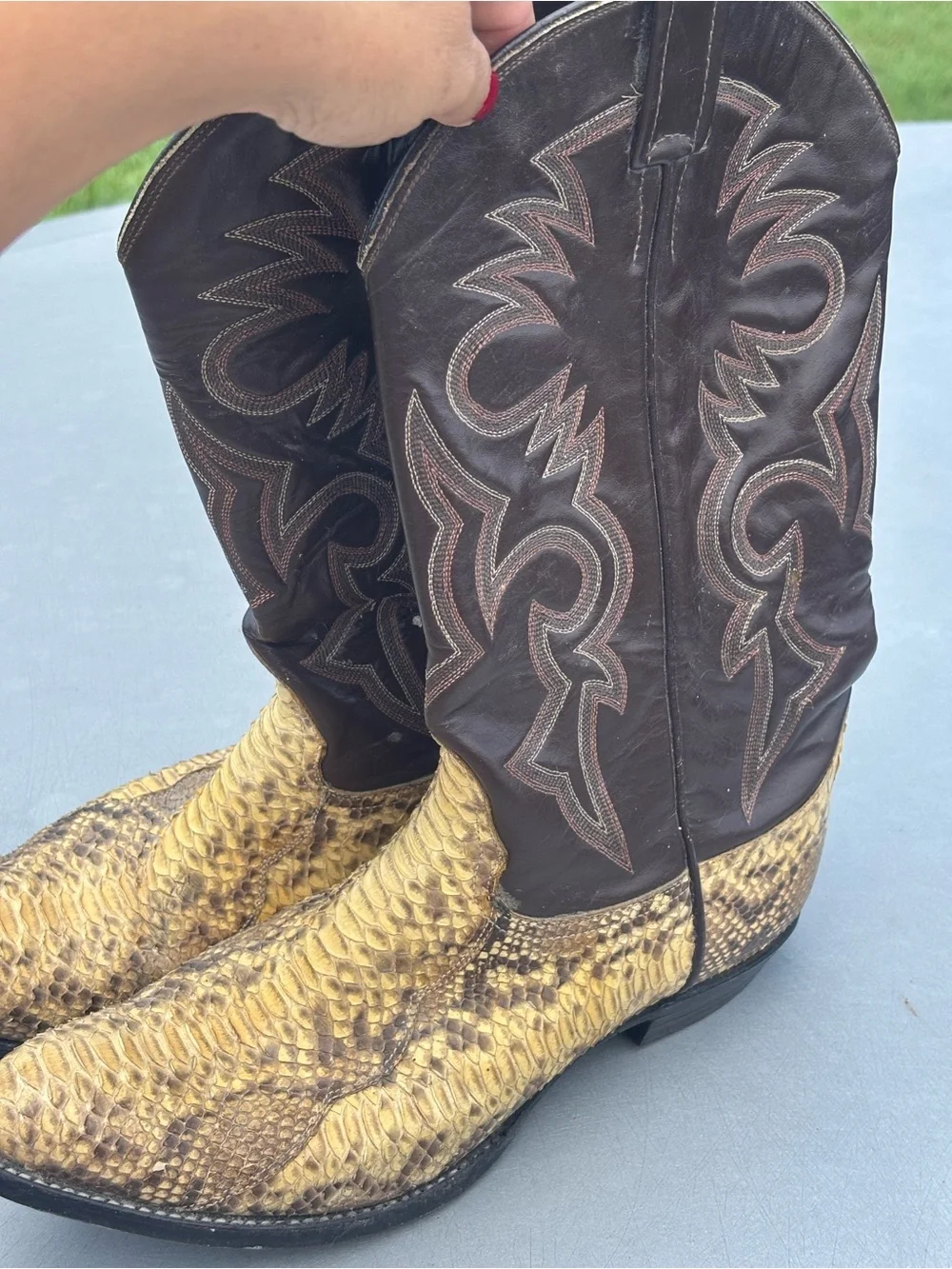 Remington Men’s Yellow Python-Print Western Boots with Dark Brown Shaft